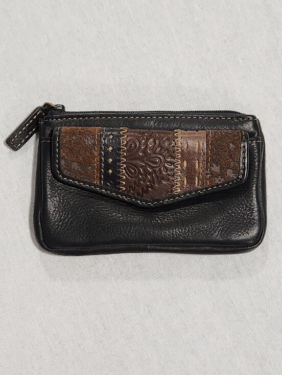 Fossil Handbags - Fossil Coin Wallet Patchwork Leather Black Brown Tan ID Window Key Ring Snap Zip